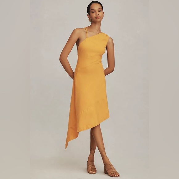 NWT! Anthropologie Sleeveless Asymmetrical Open-Back Linen Midi Dress - Yellow - Picture 1 of 5
